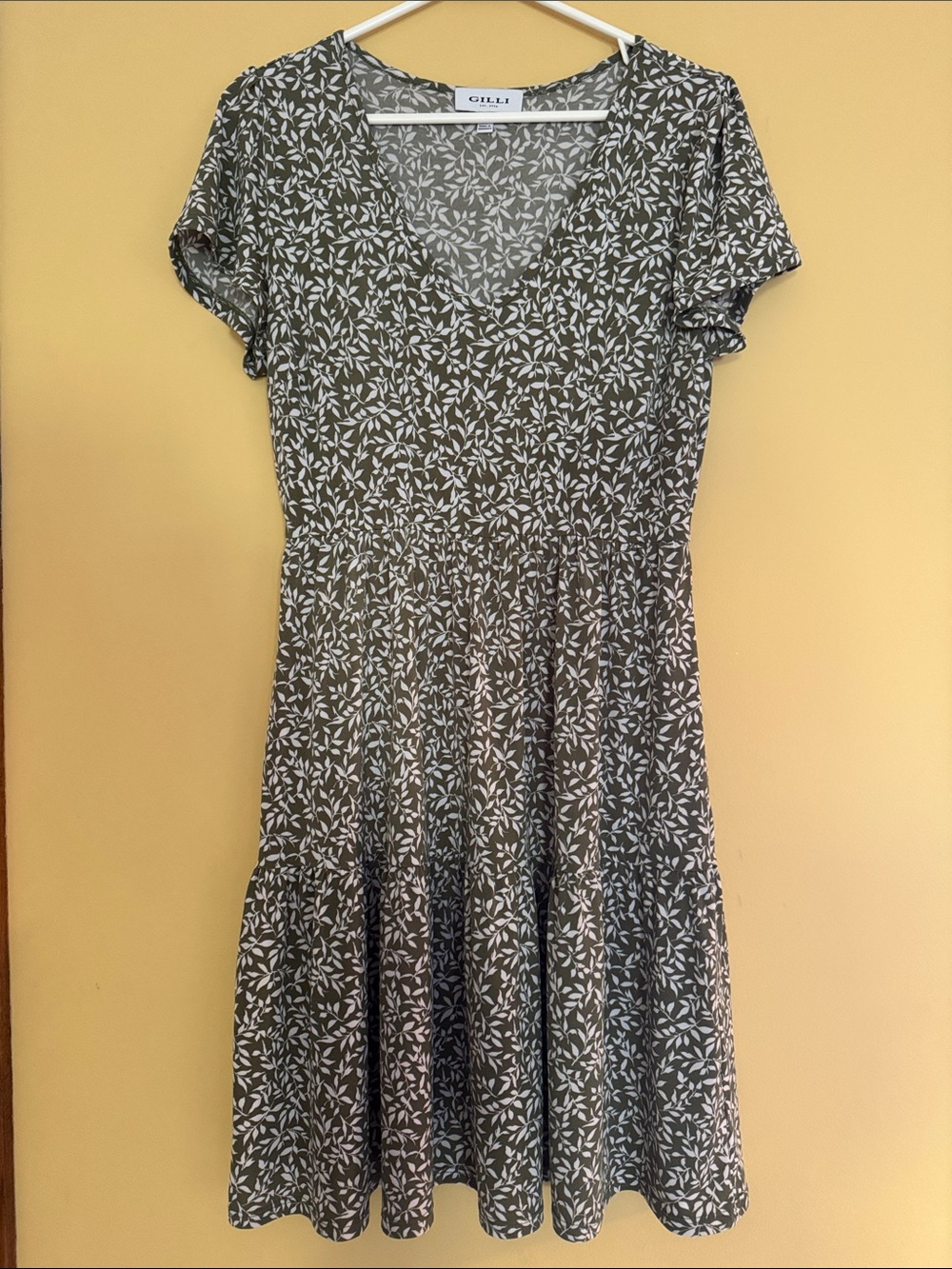 Gilli Olive Green Mini Dress with White Leaf Print